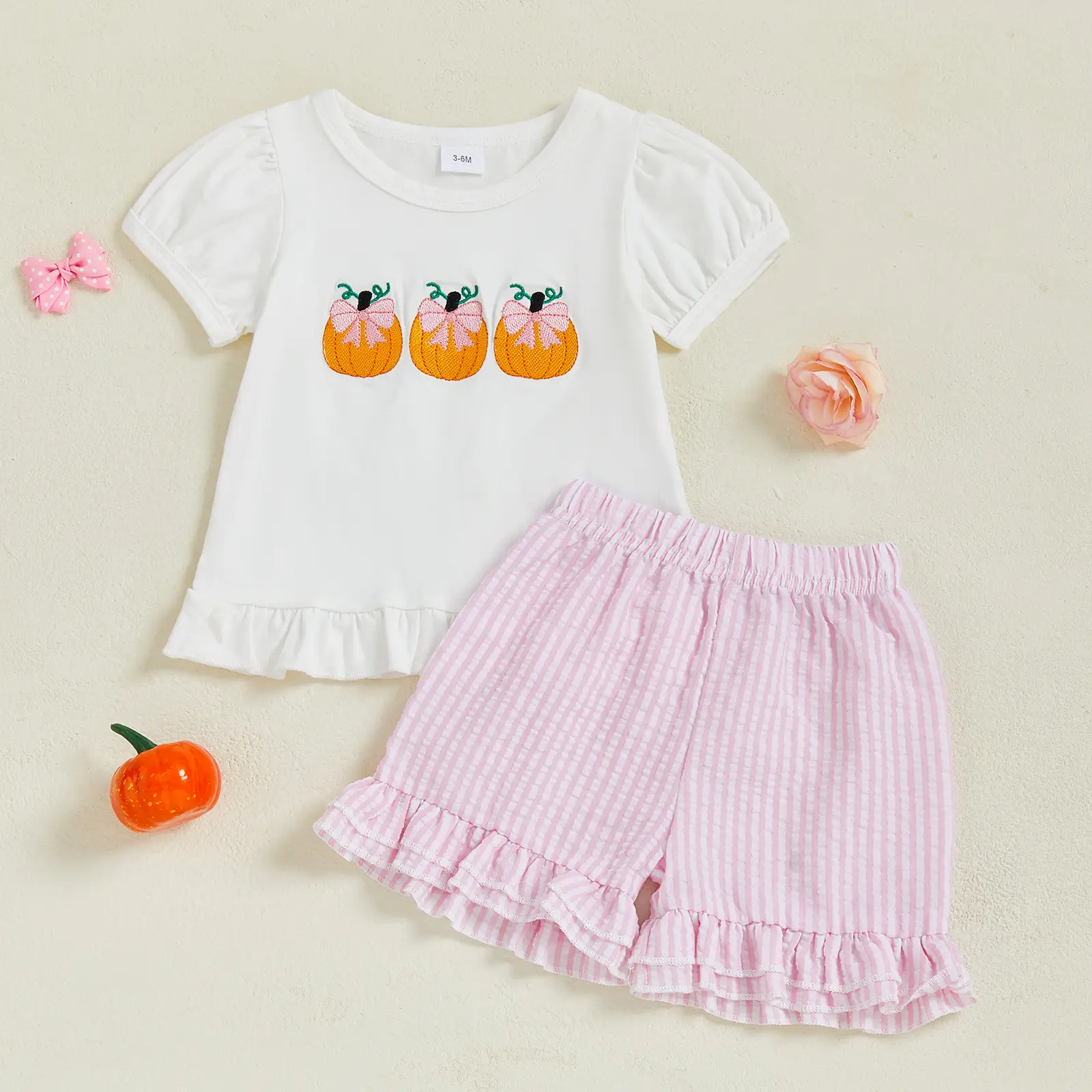 Toddler Baby Girl Halloween Outfit Bow Pumpkin Embroidered Short Sleeve Tops Striped Elastic Waist Ruffle Shorts 2 Piece Set