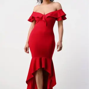 Mustard and Red Off-Shoulder Maxi Dress with Ruffle High-Low Detail - Elegant Flowy Bridesmaid Dress - Techno Crepe Material - Comfortable
