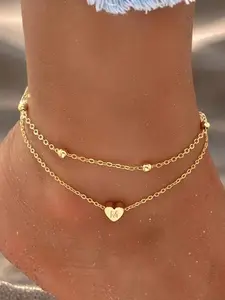 Heart Initial Anklet, Simple Fashion Anklet for Women, Dainty Layered Anklet, Stainless Steel Bead Chain Anklet for Women & Girls, Fashionable Jewelry Accessories for Daily Wear