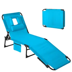 Tanning Chair with Face Hole Folding Beach Lounge Chair,5-Position Adjustable Backrest, Pillow & Side Pocket,Portable Face Down Chaise Lounge for Outdoor Backyard Poolside,Beach, Patio