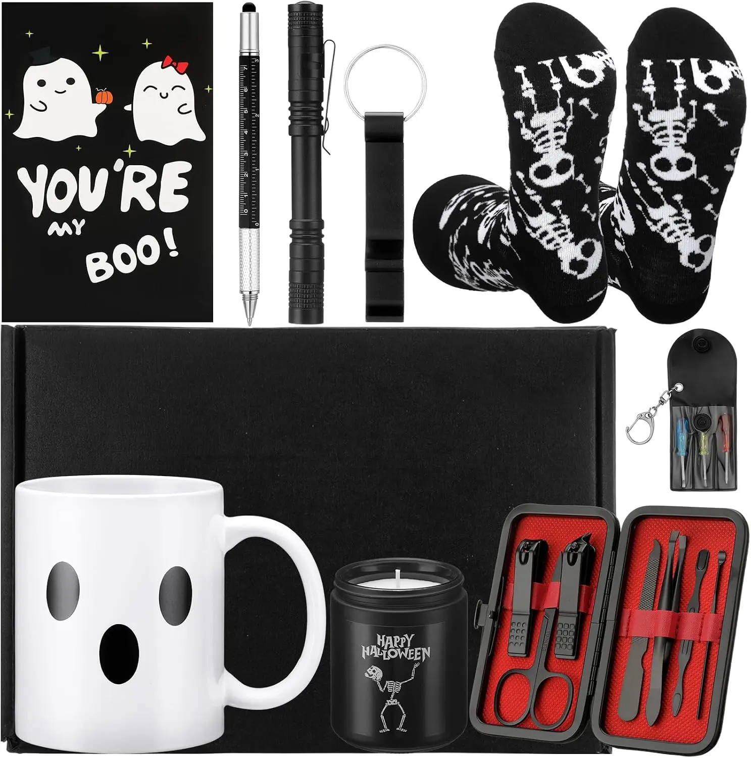 Spooky Halloween Black Boo Basket Gift Set for Him - Men's Festive Gift Box with Ghost Coffee Mug, Scented Candle, Fun Stuffer Items