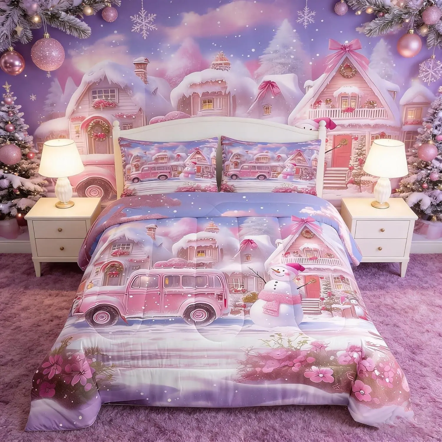 Christmas Comforter Set,Pink Truck Flower Snowman Bedding Set for Kids Girls Room Decor,New Year Theme Down Comforter,Lightweight Duvet Insert