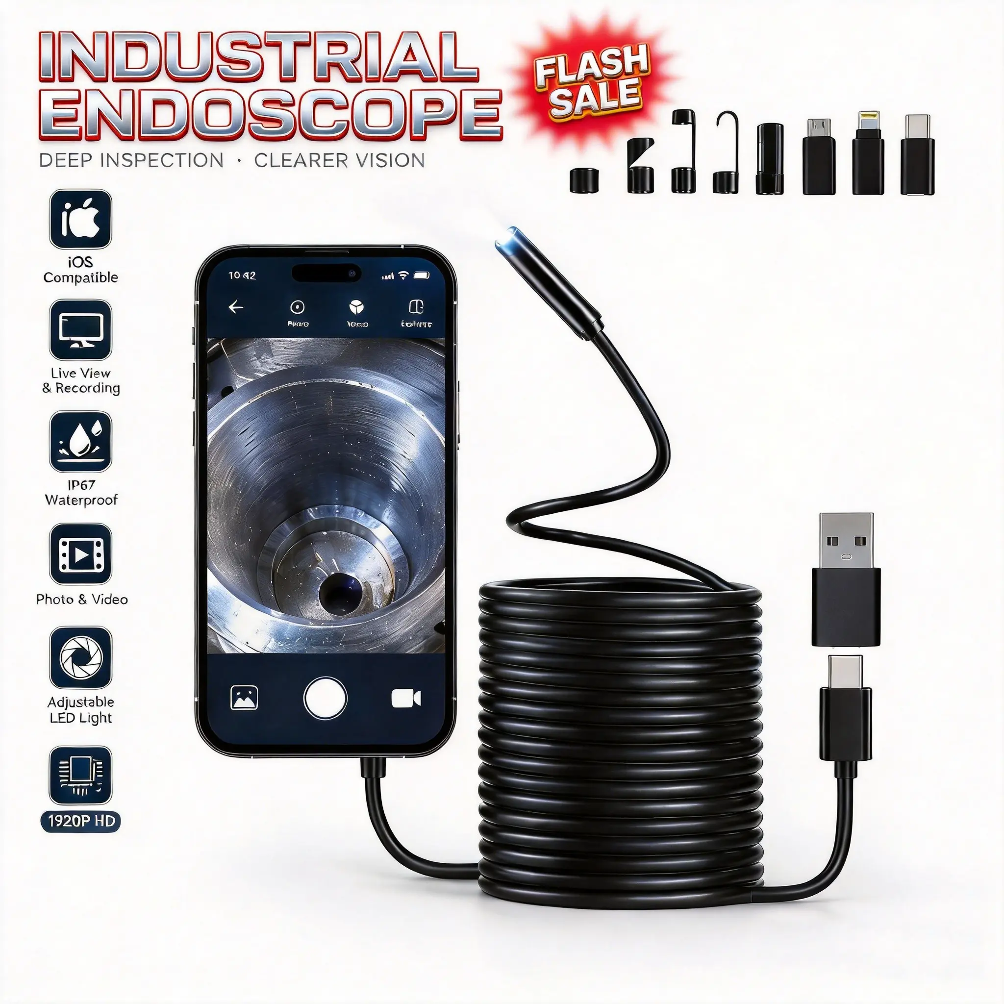 3 in 1 USB Endoscope Camera, HD Borescope Snake Camera with Adjustable LED Light, IP67 Waterproof Inspection Camera for iPhone Android, Complete Accessories for Car Repair Pipe Home Inspection