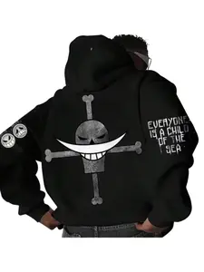 Men's Hooded Sweatshirt with Whitebeard Anime Print, Casual Loose-Fitting Streetwear, Fall & Winter Fashion, Unisex Original Design