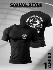 Men's Gym Exercise Round Neck T-shirt, "THIS IS THERAPY"&Barbell Pattern Screen Printed Clothing, Ideal for Weightlifting, Fitness, and Casual Street Styles, Durable and Bold Printed for Fitness Enthusiasts