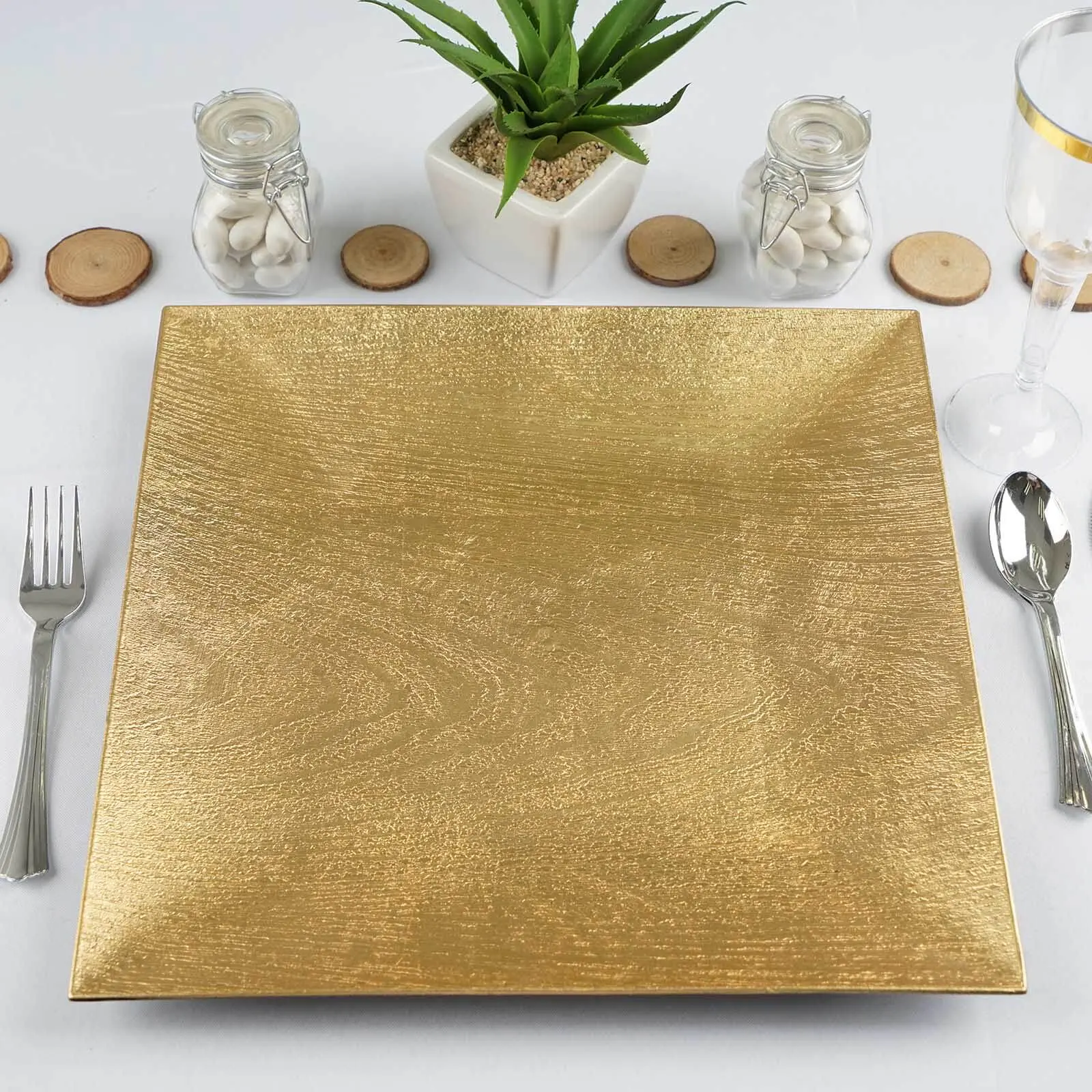 6-Pack 12" Square Gold Embossed Wood Grain Acrylic Charger Plates - Decorated, Durable Plastic Boho Chic Dinner Party Tableware Decor, Decorated Plates, Durable Plastic Plates