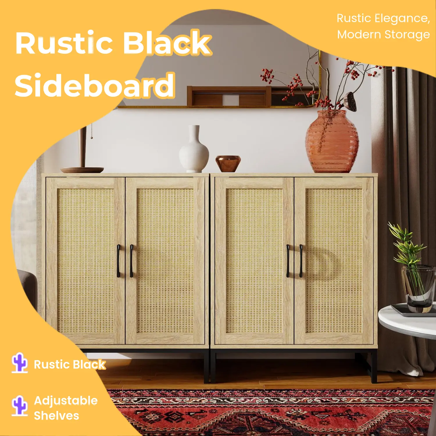 Rustic Black Rattan Wood Buffet Sideboard - Adjustable Shelves, Freestanding Space-Saving Storage Furniture, 20-25 Kg, Easy to Assemble, for Small Spaces & Kitchen, Modern Farmhouse Indoor Cupboard