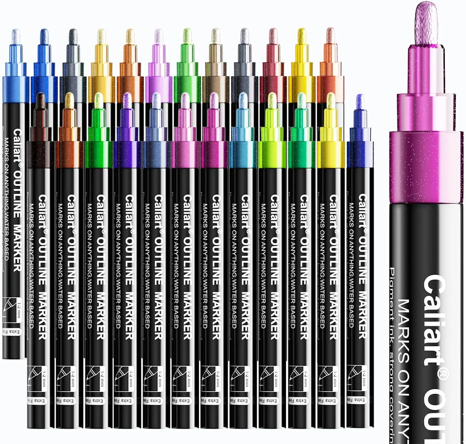 Caliart Official Outline Markers Set 12/24/36Colors Shimmer Glitter Metallic Pens Double Line Marker Set for Drawing Coloring Card Making Journaling Notebook DIY Crafts Art Supplies Craft Supplies Gifts for Teens Adults