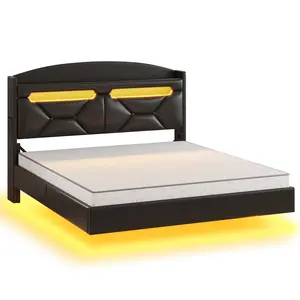 SIKAIC LED Floating PU Leather Upholstered Bed Frame, Black Full Size Bed Frame for Bedroom Use, Bed Frames, Full Size Bed Frames