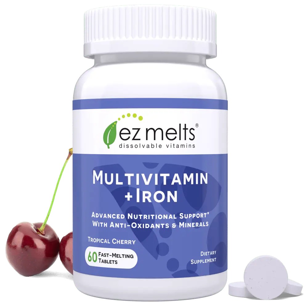 EZ Melts - Fast-Melting Multivitamin + Iron - Daily Multivitamin for Women & Men - Supports Healthy Energy Levels & Antioxidant Protection - Non-GMO & Vegan - Tropical Cherry - 60 Tablets (30 Servings)
