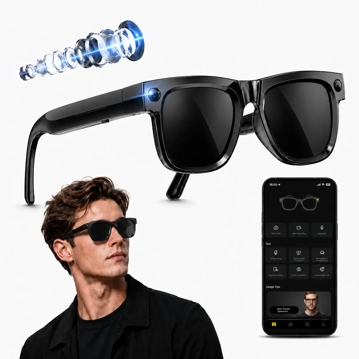 OIQII AI Smart Glasses with Camera - 8MP HD Digital Camera, Bluetooth Audio Music Player, Hands-Free Photo & Video Recording Glasses, 160+ Languages Real-Time Translation, Touch Control, USB, WiFi, Batteries Included, iOS & Android Compatible