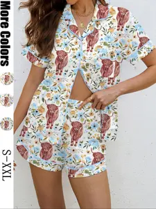Women's Highland Cow Print Pajama Set Loungewear Nightwear, Casual All-Over Print Knit Shirt Collar Top & Elastic Fitted Shorts, Comfortable Home Wear