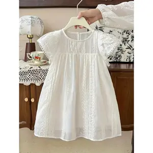 Girls' summer sleeveless A-line dress, featuring lace petal sleeves and a short skirt - solid color round-neck dress, machine washable, loose fit, suitable for parties and weddings