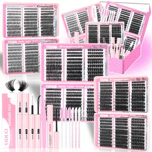 YIDU 0.05mm Eyelash Cluster Set -18 Styles(3-pack, Voluminous+ 3D Effect Eyelash Set, 8-18mm Cluster Eyelash Extension Set,1580 Pieces, D-Curl, with Lash Bond and Seal-2, Remover, Eyelash Tweezers, Eyelash Brush-Easily DIY at Home.