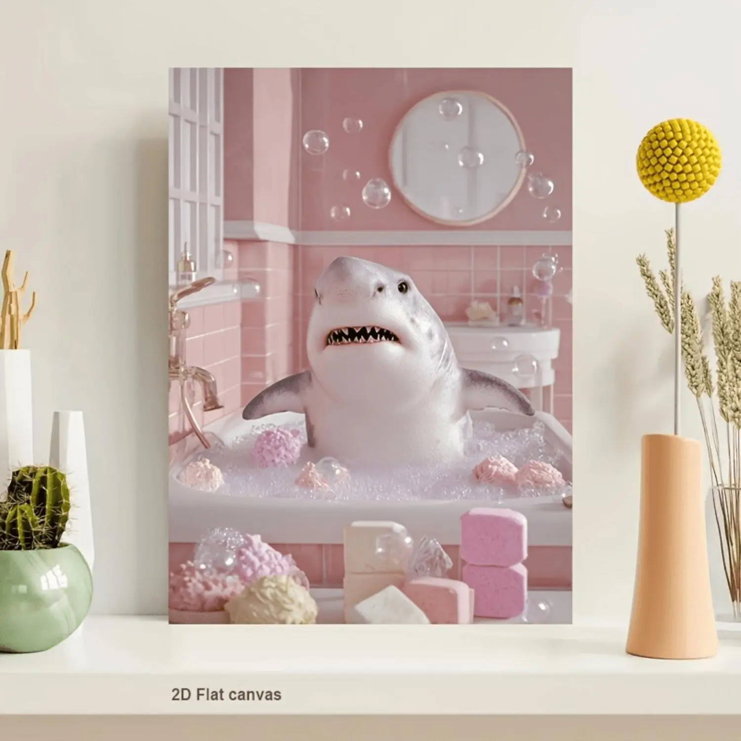 2D Flat, 2D Flat, 2D Flat A Single Piece of 2D Flat Canvas Featuring a Lifelike Image of a Shark with Human Traits Relaxing in a Bathtub, Presented As a Framed Wrapped Canvas