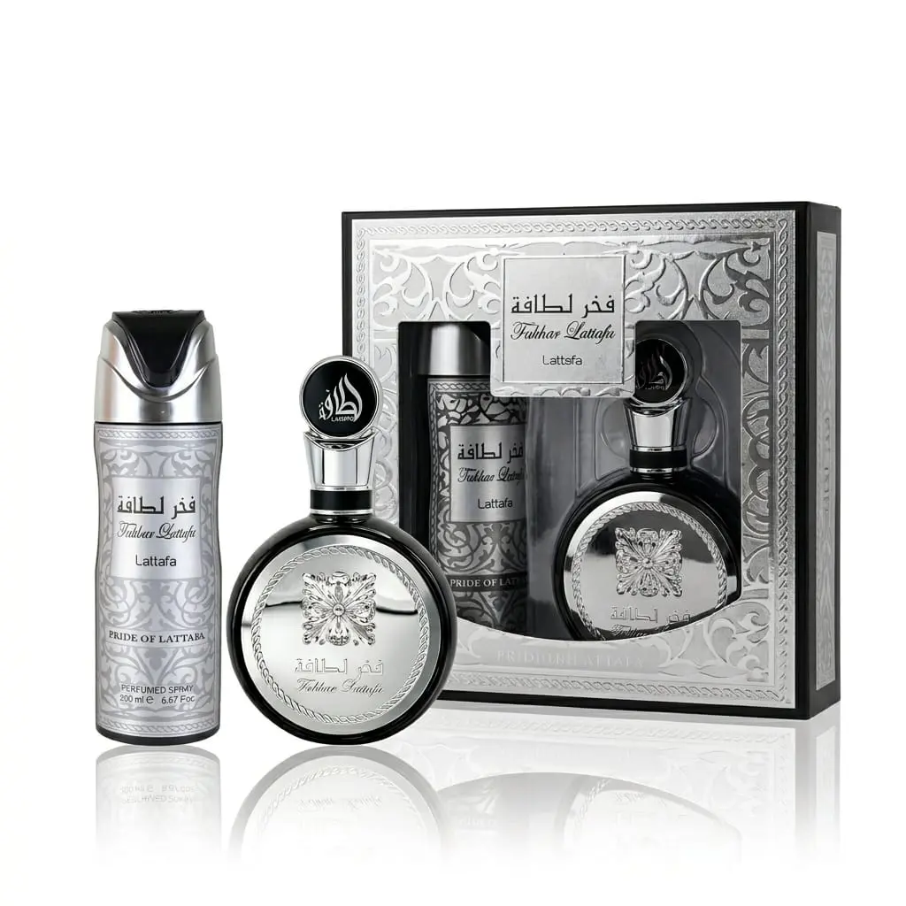 Lattafa Fakhar Silver Men's 2-Piece Fragrance Duo Gift Set - Elegant, Long Lasting, Luxurious, Clean, Deodorizing, Packaged Citrus Woods & Woody-Musky EDP Spray & Deodorant for Daily Wear, Long Lasting Fragrance, Luxurious Men's Fragrance