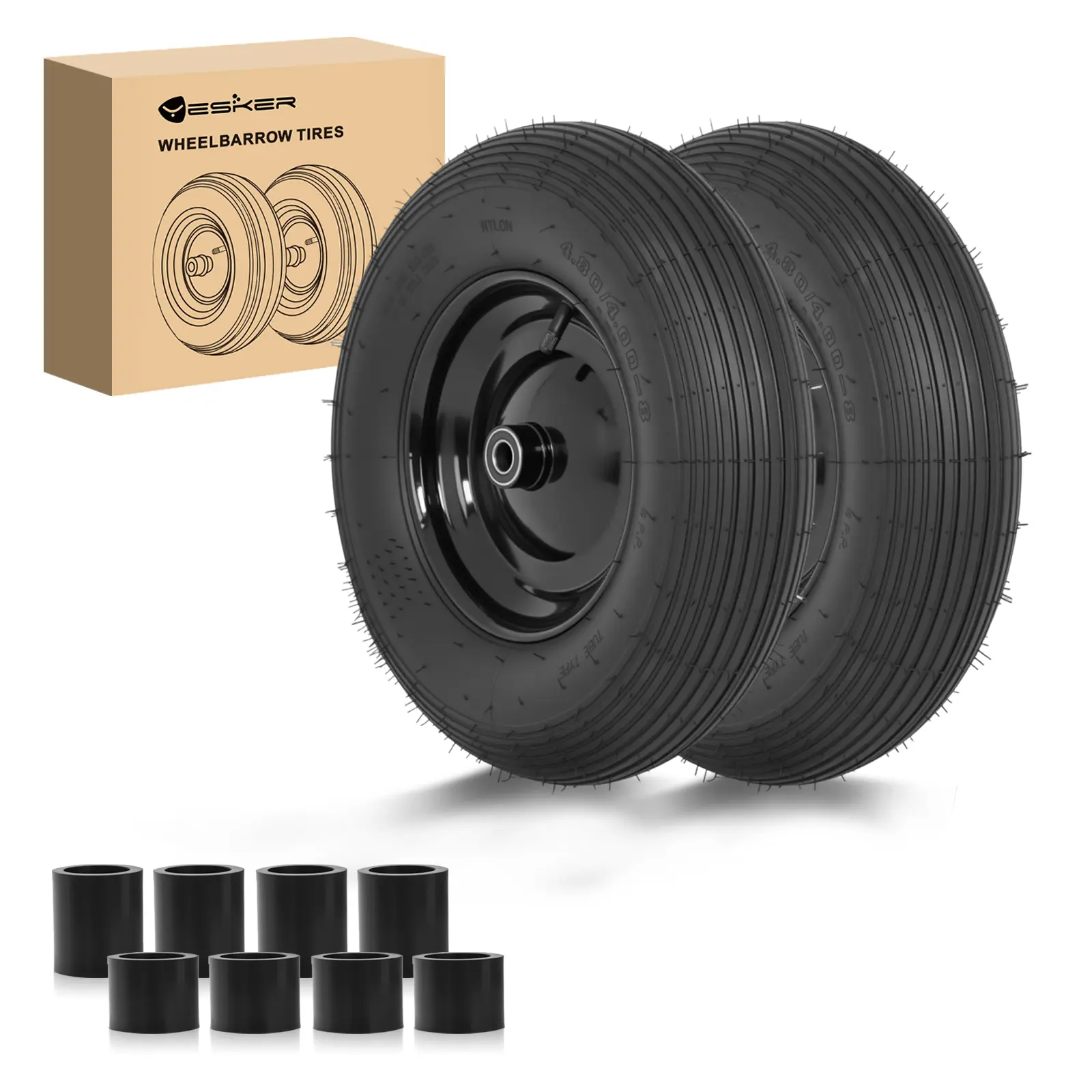 Yesker 4.80/4.00-8 Rubber Pneumatic Tires & Wheels Replacement Set (2 Pack) - 16" Air-Inflated Wheels with 5/8" Axle Bore, Steel Rim, Non-Slip Tread, Durability, High Load Capacity, Smoother Rolling, Natural Shock Absorption for Wheelbarrow, Utility Cart,