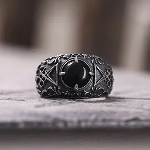 GTHIC Lucifer Round Stone Stainless Steel Ring for Men Birthday Gifts Daily Wear Vintage Jewelry