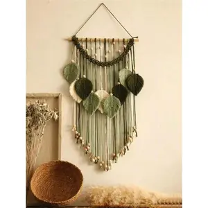 1pc Leaf & Feather Macrame Wall Hanging Decoration, Handmade Cotton Rope Wooden Bead Boho Style Art Wall Decor, Suitable For Home, Office, Living Room, Bedroom