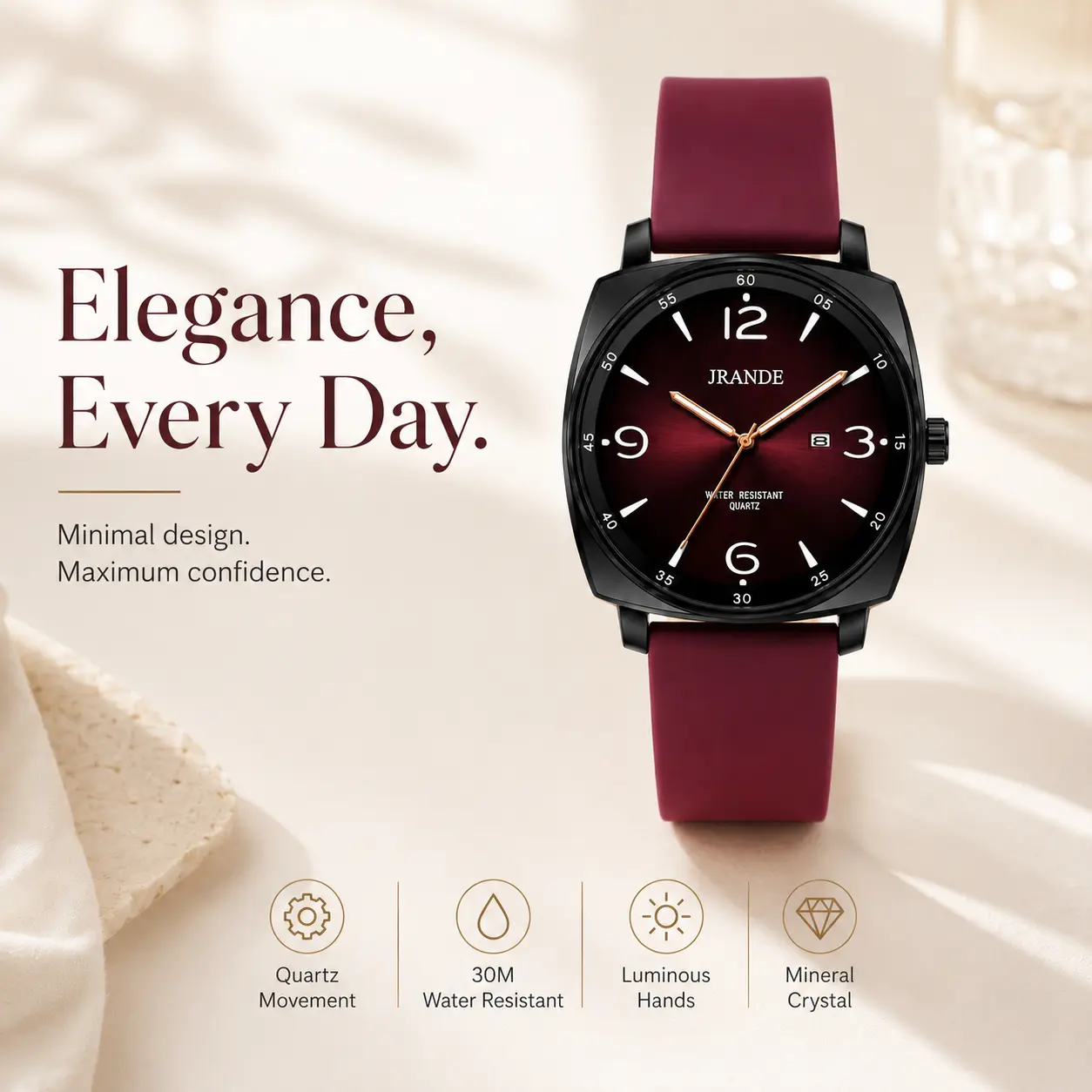 JRANDE Women’s Quartz Watch, Burgundy Dial & Strap, Luminous Hands, Date Display, 30M Water Resistant, 42mm Casual Dress Wrist Watch for Women smart color night light silicone band