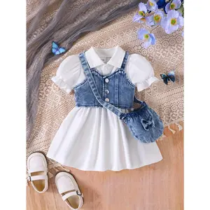 New Baby Girls Clothing 3-Piece Set - Denim Vest Jacket, Belted Waist Notched Neck Easy Bubble Dress, Bow-Adorned Crossbody Bag for Outdoor Use