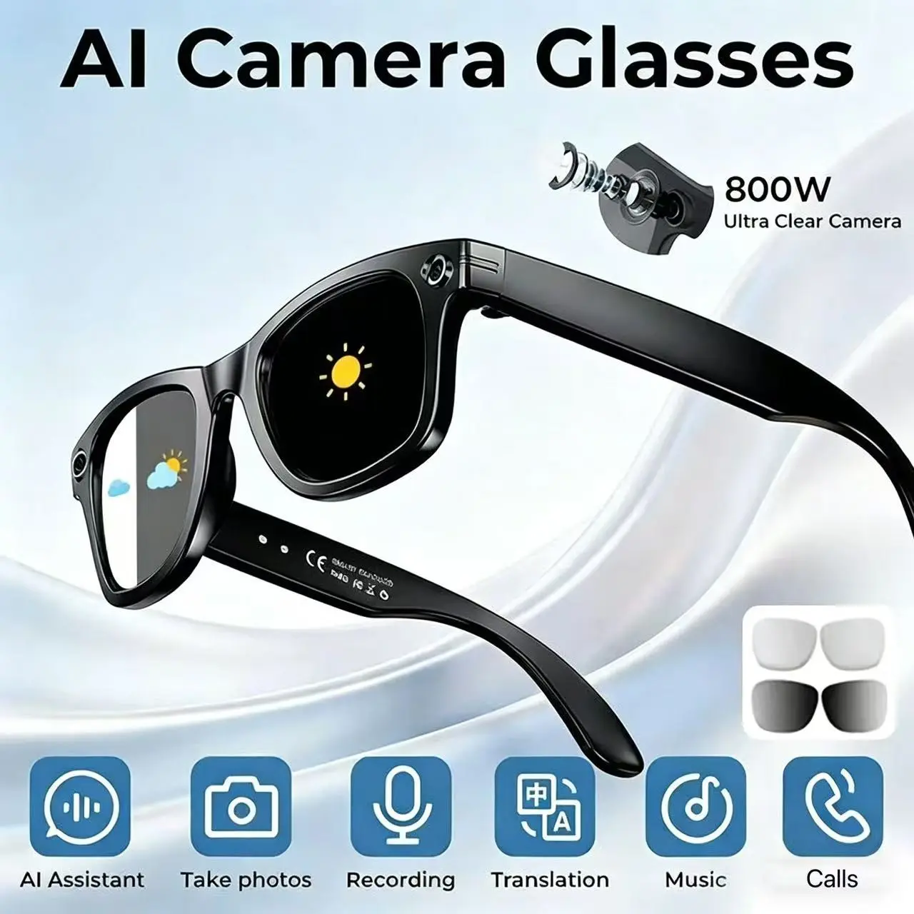 Smart Glasses with Photo Video, Ai Translation, Bluetooth-compatible Call, Voice Wake-Up, Blue Light Filter, Ip65 Waterproof, Magnetic Charging, Wearable, Ai Camera Glasses