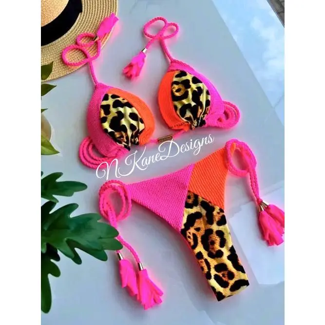 Pink Orange Cheetah Print Side Tie Two Piece Swimsuit String Bikini