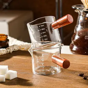Glass Coffee Cup with Wooden Handle, Small Espresso Mug, Dual-Port Measuring Cup, Coffee Liquid Extraction Tool, Coffee Maker Accessory, Kitchen