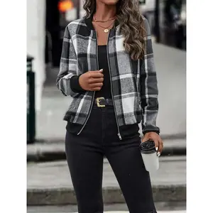 Women’s plaid print zip-up bomber jacket, casual long-sleeve baseball-collar outerwear for spring and fall, ladies’ clothes for daily wear, casual jackets, zipper jacket
