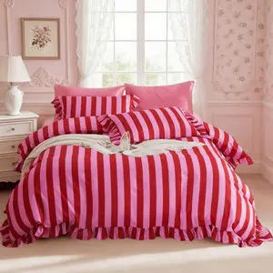 3PCs Striped Ruffle Duvet Cover Set, Include 1*Duvet Cover Without Quilt+ 2* Pillowcase Without Pillow Core, Polyester Bedding, Soft and Comfortable, Modern Home Decor, All-Season Use