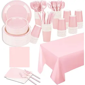 Pink Party Supplies Set-Disposable Paper Plates, Cups, Plastic Spoons, Forks, Knives & Pink Napkins for 30 Guests - Disposable Party Dinnerware for Wedding & Birthday Parties