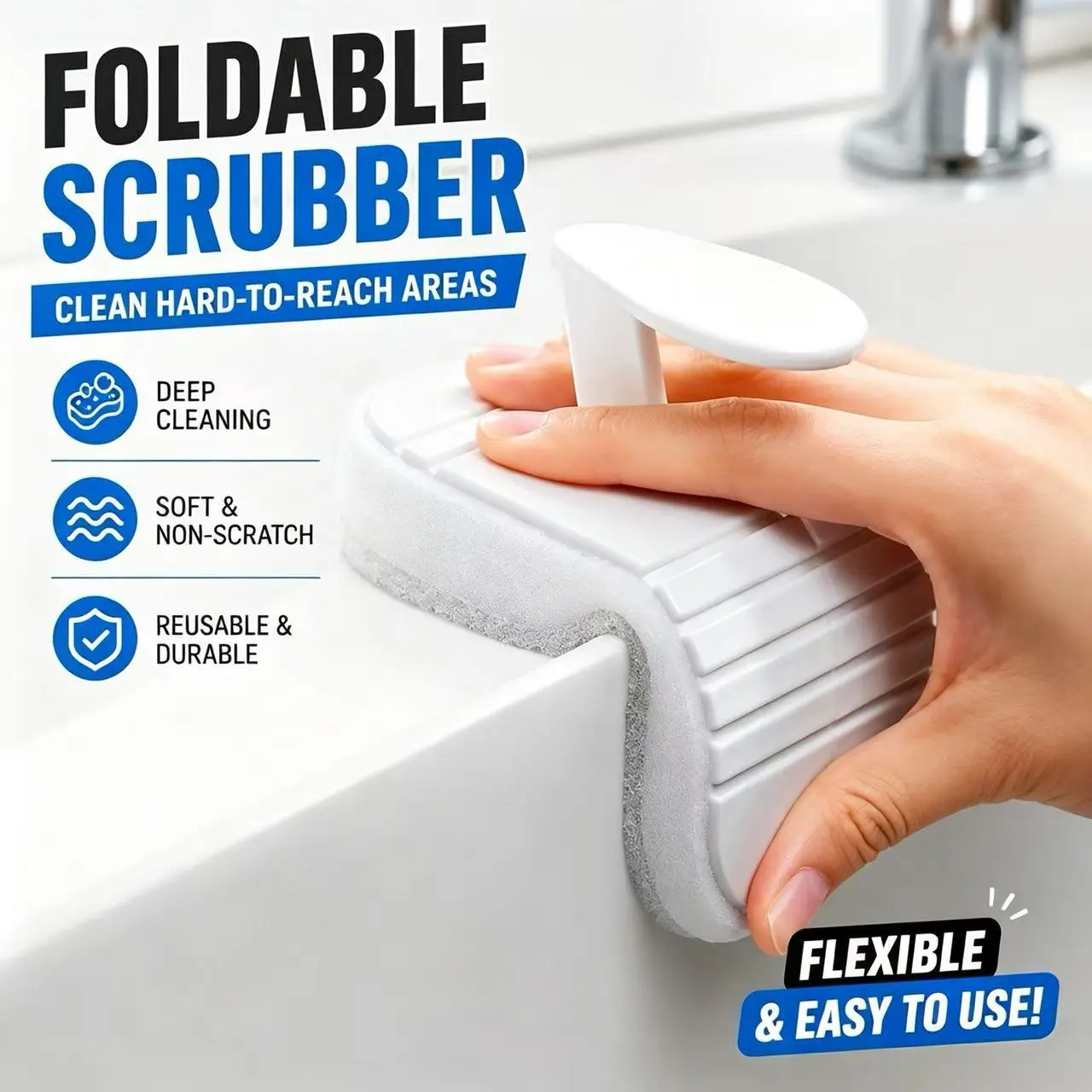 2 Pack Magic Cleaning Sponge Foldable Bendable Scrubber Brush with Handle,Bathroom Absorbent Sponge Scrubber,Kitchen Cleaning Brush,Multi-Surface Cleaning Sponge for Bathtub & Countertops,Handle*1 Replace Sponge*2 Household Cleaning Gadget