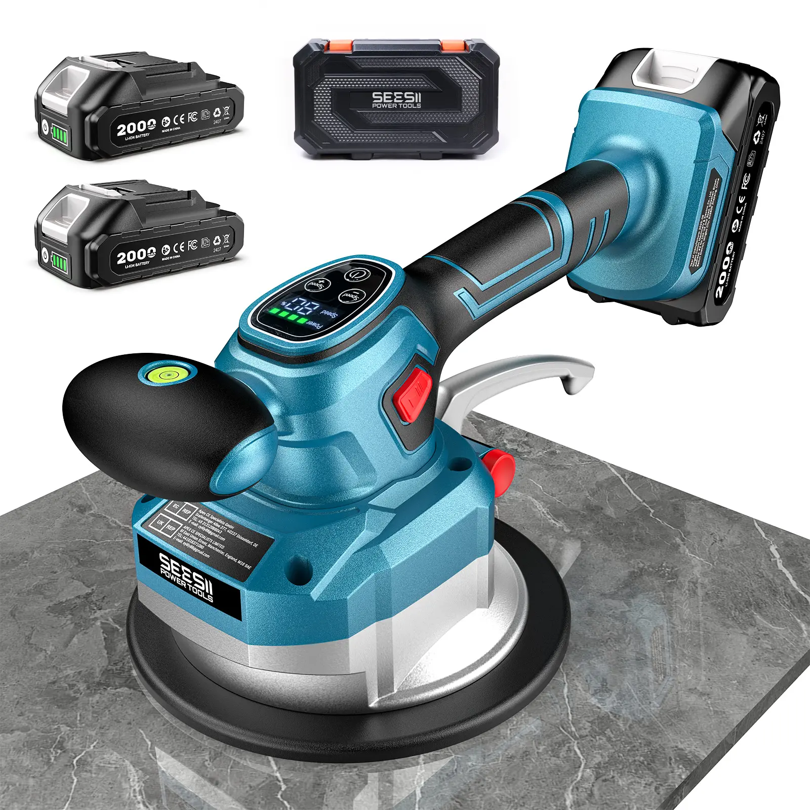 【SEESII】Cordless Tile Vibration Power Tool, 2-in-1 Leveling Machine with 2×2000mAh Batteries, 16mm Large Suction Grip, 12 Adjustable Vibration Levels with LED Display for Porcelain/Granite Floors (Pro & DIY Users)