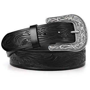 Western Cowboy Belt Engraved Leather Belt Buckle ,Vintage Cowboy Belts for Men Women, Country Belt for Jeans