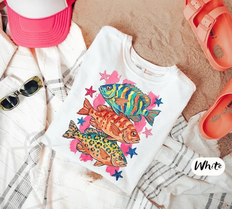 Tropical Coastal Summer Shirt, Colorful Fish T-Shirt, Vibrant Ocean Animal Tee, Beach Vacation Seaside Aesthetic T-Shirt