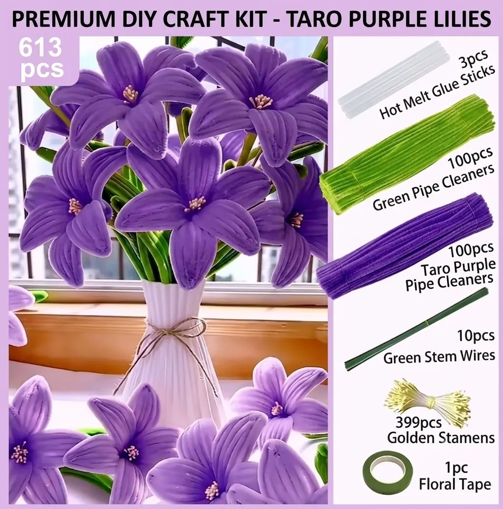 613-Pcs Flower Pipe Cleaner Craft Kit - Specialty DIY Supply with Flower Stems, Floral Tape, Thick Chenille Stamens, Rubber Strips, DIY Craft Embellishments for Toys & Hobbies, Birthday Decorations