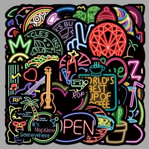 Cool Neon Sign Vinyl Stickers for Kids Teens Waterproof Water Bottle Stickers Pack for Laptop Phone Case Guitar Skateboard Helmet Bike Car Decals School Carnival Party Favors Supplies 50PCS