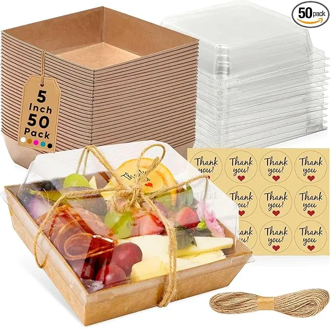 50 Pack Small Charcuterie Boxes with Clear Lids - To Go Paper Mini Charcuterie Box, Disposable Food Containers, 5Inch Dessert Boxes - Sandwich, Cookie, Sushi, Cake Slice, Strawberries (Brown)