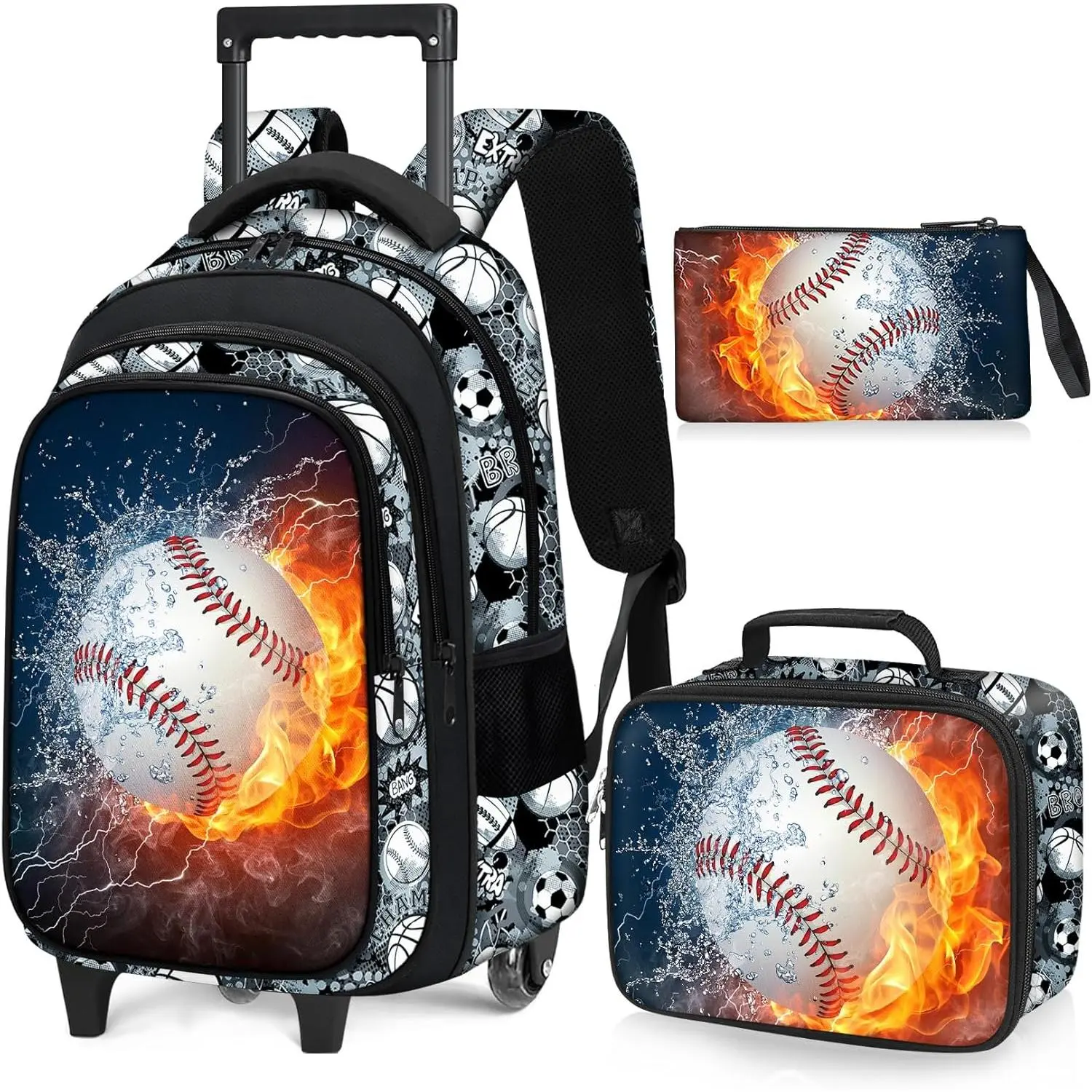 Boys' Sports Theme Rolling Backpack Set Pack - 3PCS with Lunch Box, Wheels, Zipper Closure, School Travel Luggage for 6-18 Year-Olds (Elementary to Middle School)
