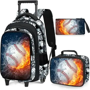 Baseball Rolling Backpack for Boys - 3PCS Boys Rolling Backpack with Lunch Box Set for Kids Children Teens Elementary Middle School,Sport Roller Book Bag with Wheels for Age 6-18 back to shcool and Travel