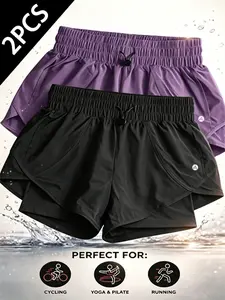 Women's Summer Outdoor Gym Shorts Set, Breathable Athletic Bottoms, Quick-Dry Layered Casual Fitness Cycling Shorts, 2-Piece Sportswear for Women, Running Workout Shorts, Training Cycling Shorts