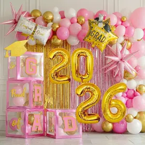 Pink and gold Graduation Decorations 2026 Set of 4 GRAD Balloon Boxes with Balloon Arch Garland Kit mylar balloons shimmer Fringe Curtain So Proud of You 2026 prom Graduation Decorations