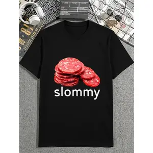 Men's Cotton Fitted Short-Sleeve Round Neck Fashion T-Shirt - Machine Wash Safe, Oddly Specific Funny Slommy Salami Meme Graphic, Casual Streetwear Menswear