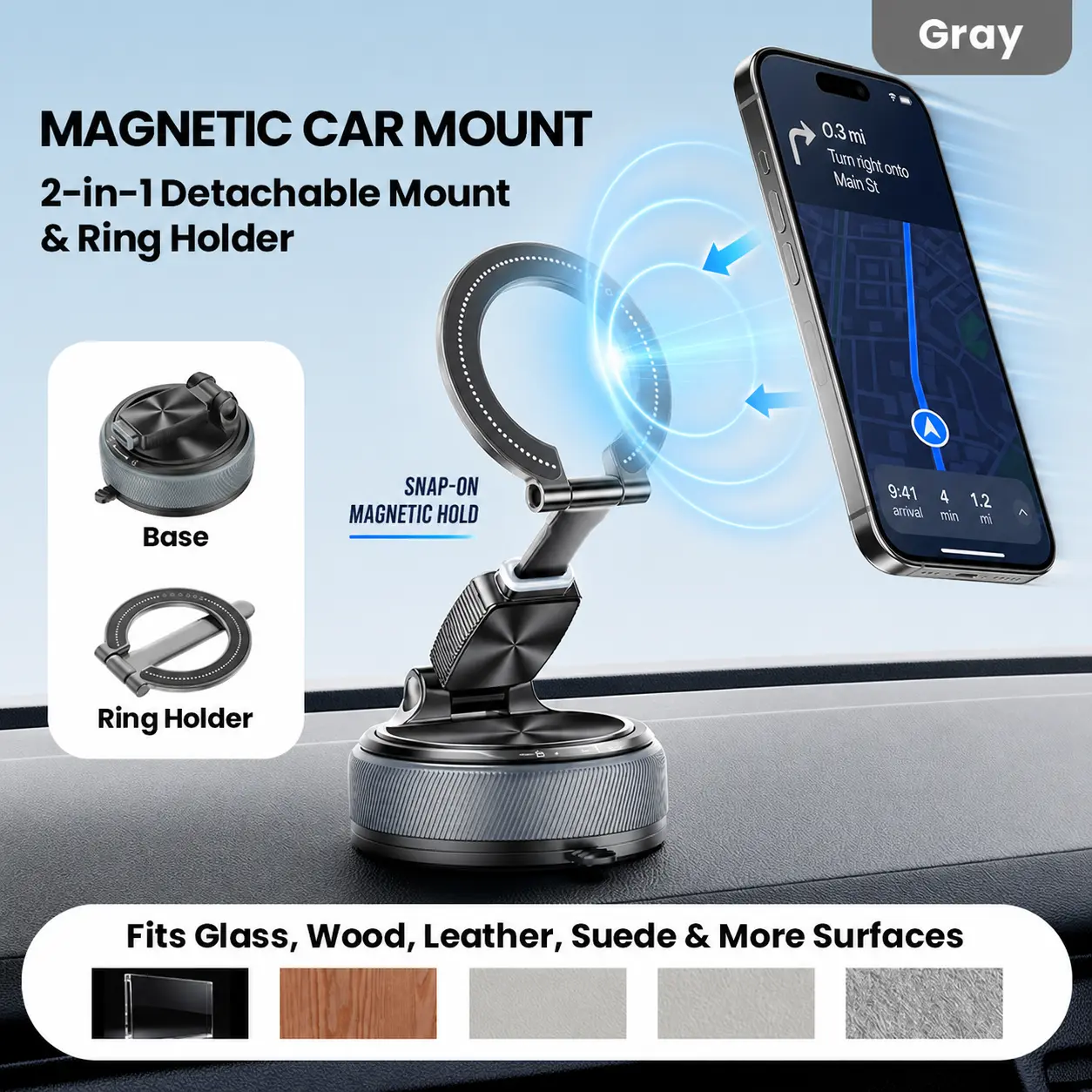 Beambox A20 2-in-1 Detachable Magnetic Car Phone Holder - Compact, 360° Foldable Vacuum Mount with Magnetic Hold, Adjust Angle, Multiple Scenes Use; MagSafe for iPhone, Metal Ring Included for Android, Gifts for Men