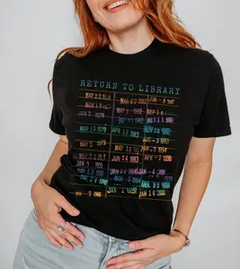 Rainbow Library Stamp Shirt, Return to Library Due Date Book Lover TShirt, Bookish Gift for Her Reader Librarian Teacher 90s Pride Retro Tee