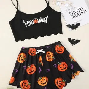 Women's 2pcs Halloween Pumpkin Print ¿) , D Crop Camisole & Elastic Waist Shorts Pyjama Set, Scallop Trim Spaghetti Strap Crop Top & Bow Decor Shorts Halloween Pi Set, Women's Two-piece Loungewear for Daily Wear Cotton Cotton Cotton Silk Silk Summer Silk