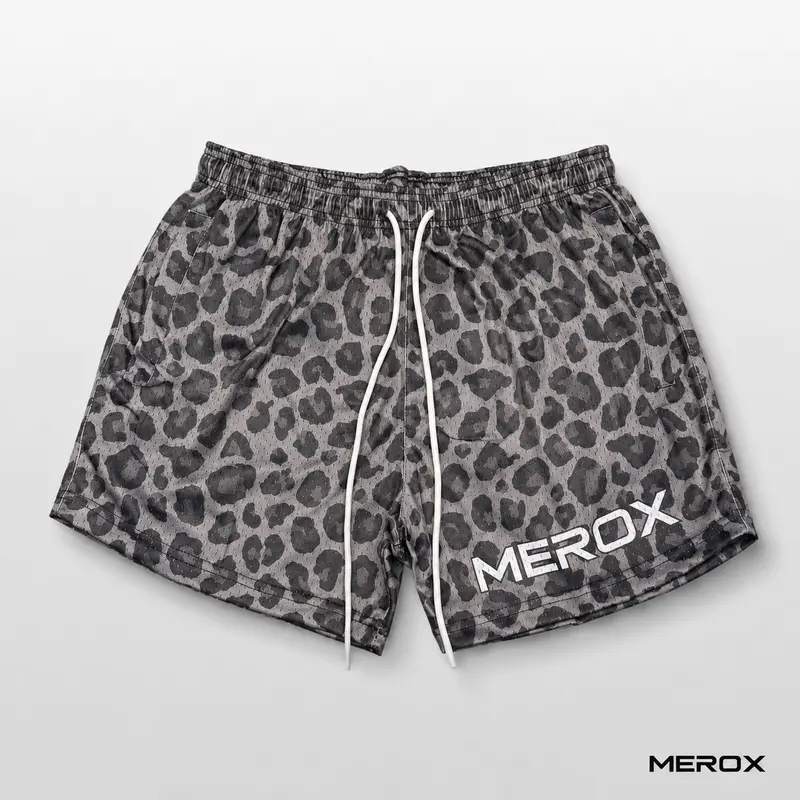 MEROX Leopard Print Men's Sports Shorts - 5" Inseam Bold Graphics Gym Shorts with Zipper Pockets, Mesh Fabric for Running & Everyday Wear, Bold Graphics Men's Sports Shorts