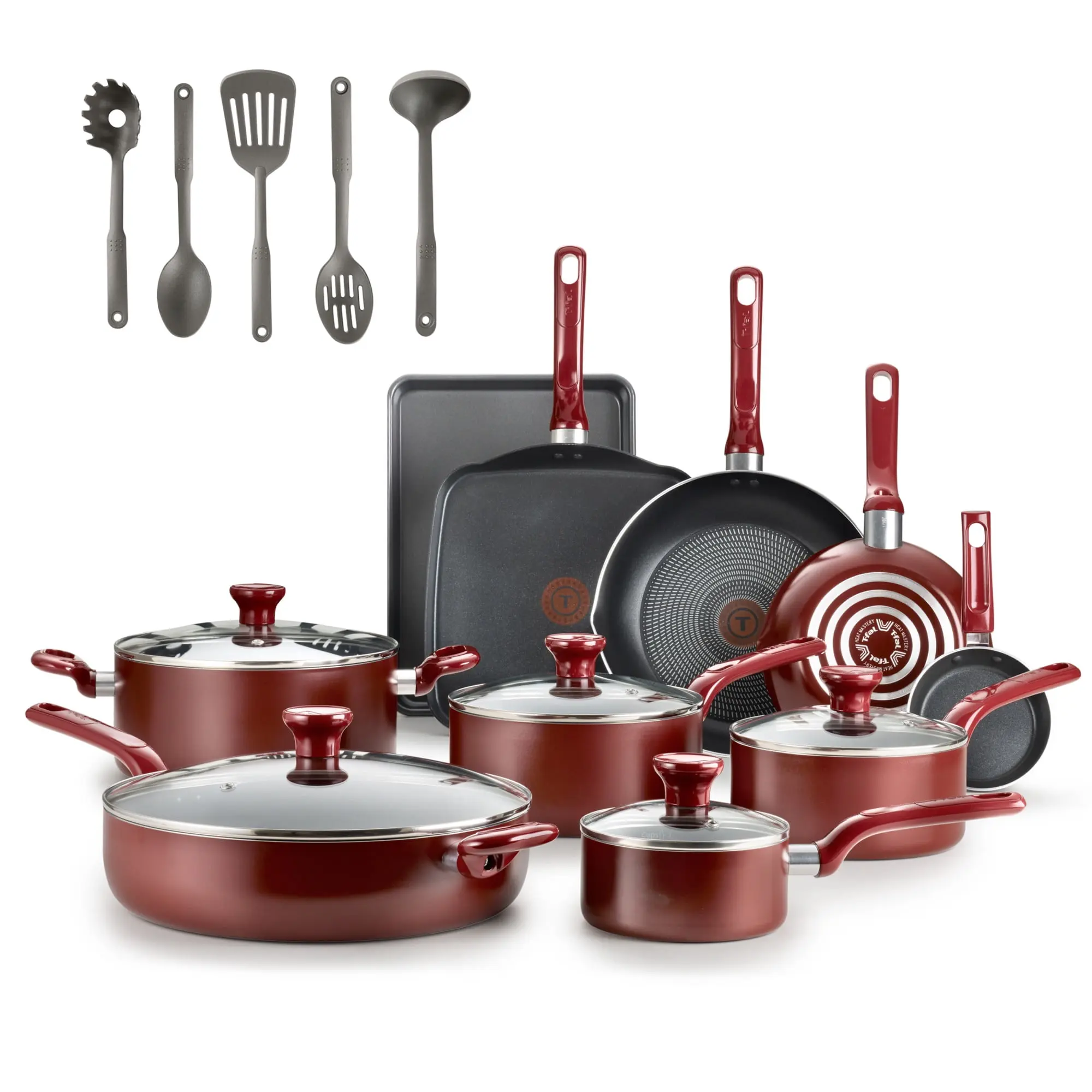 T-fal Easy Care Nonstick Cookware, 20 piece Set, Red, B089SKDW