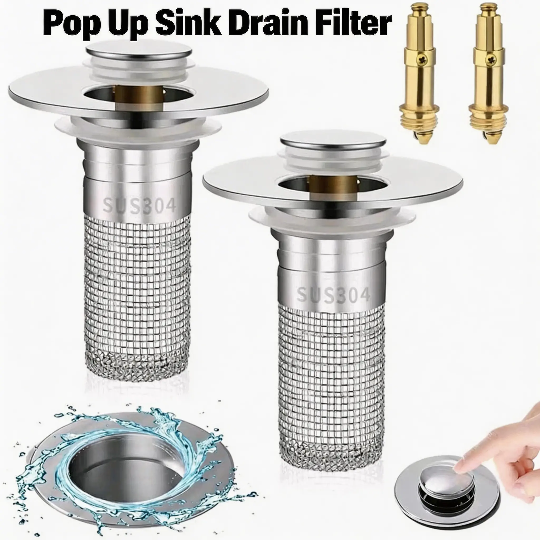 【Anti-Clog Magic Tool】Bathroom Sink Stopper, Bathroom Gadgets with Drain Protector, Universal Removable Pop-Up Design, Metal Stainless Steel Basket & Brass Plug, Blocks Sewer Gases, Rustproof Easy-to-Clean Durable, Fits Most Sinks