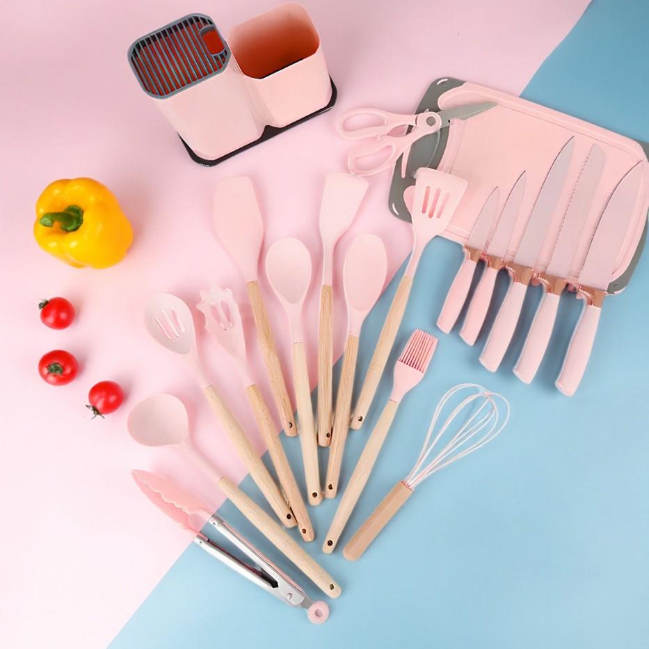 Love atFirst Find19-Piece Kitchen Knife Set with Heat-Resistant Silicone Cutlery & Wooden Handles - Includes Chef Knife, Non-Stick Compatible Tools, Easy to Clean - Ideal Gift for Women on New Year, Valentine's Day and More Cookware Kitchenware White Pink